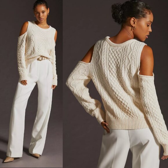 Anthropologie Pilcro Ivory Cold Shoulder Fisherman Cable Knit Sweater L Cream - Picture 2 of 5